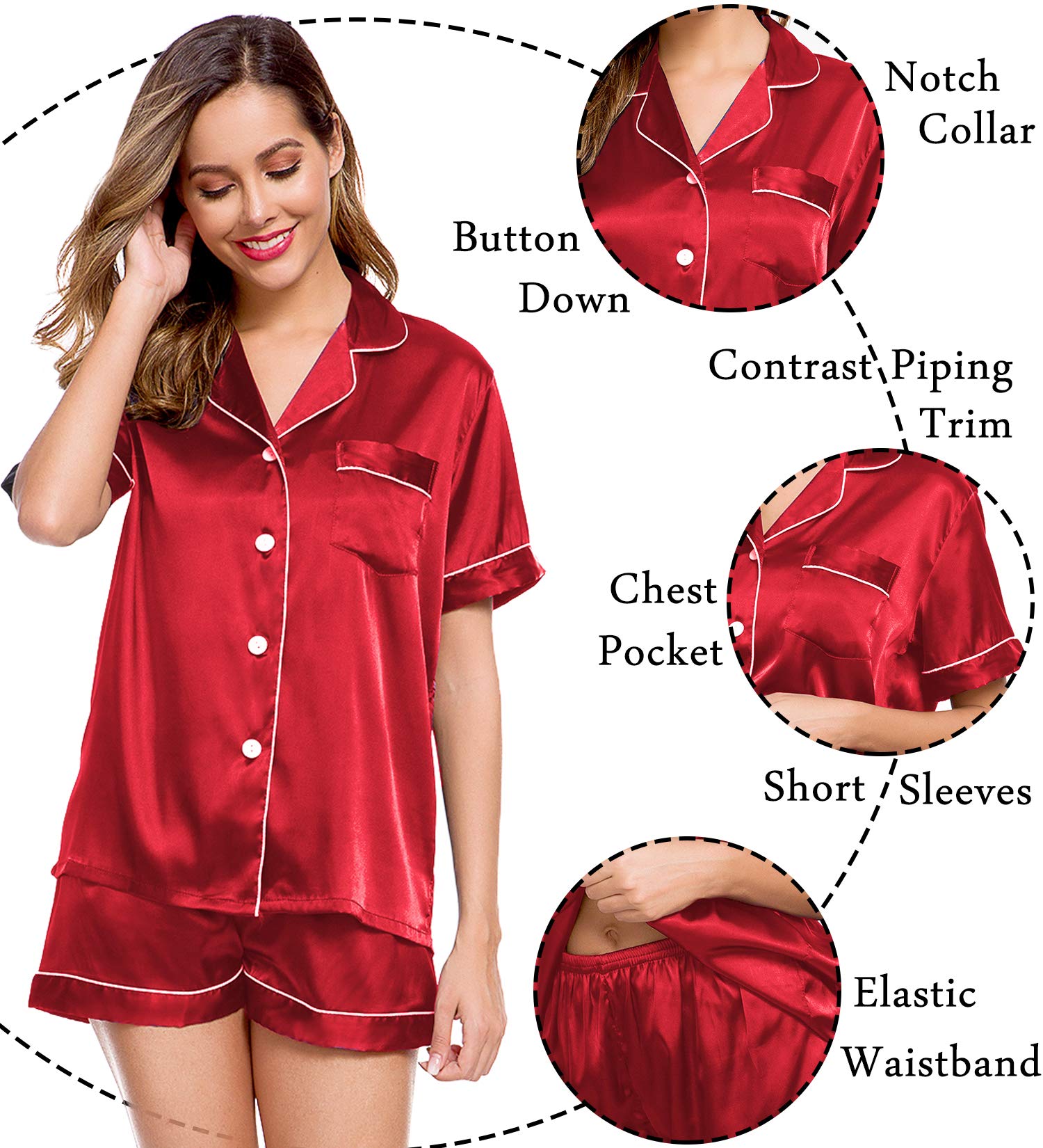 LecGee Womens Pajamas Set Silk Satin Sleepwear Short Sleeve Nightwear Button Down Pj Lounge