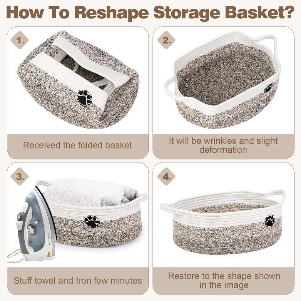 Optish Dog Toy Basket, Toy Box and Bin for Dog Cat Storage, 19.7" X 11" X 7.9" (30L) Large Woven Rope Basket for Blanket Storage, Living Room, Bedroom, White & Brown