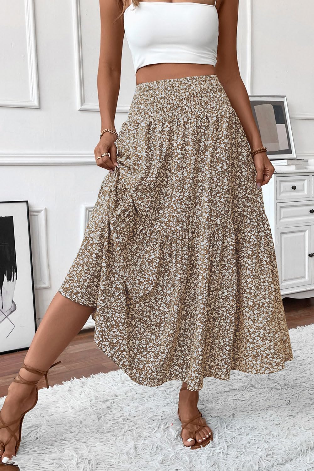 TuoGo Women's Smocked High Waist Maxi Long Skirt with Pockets (L,932-Khaki Floral)
