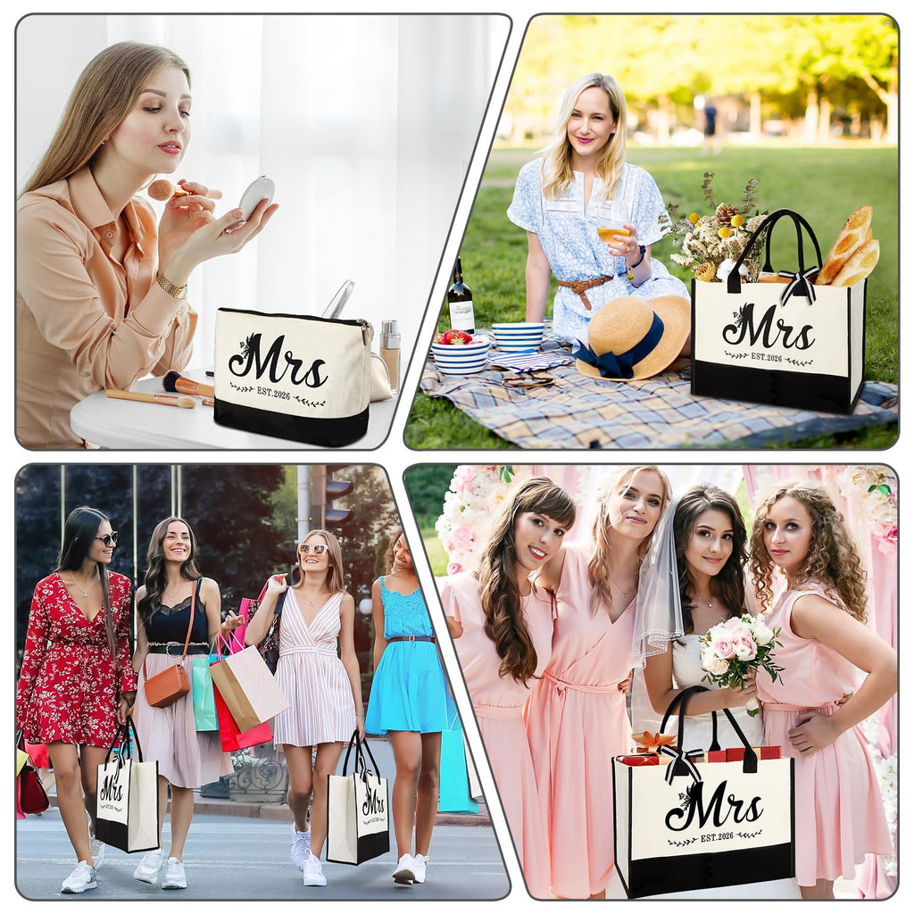 Vanqruo Mrs 2026 Bride Canvas Tote Bag with Makeup Bag, Wedding Gifts for Bridal Shower Bachelorette Party Engagement Honeymoon, Miss to Mrs, Bride to Be Gifts
