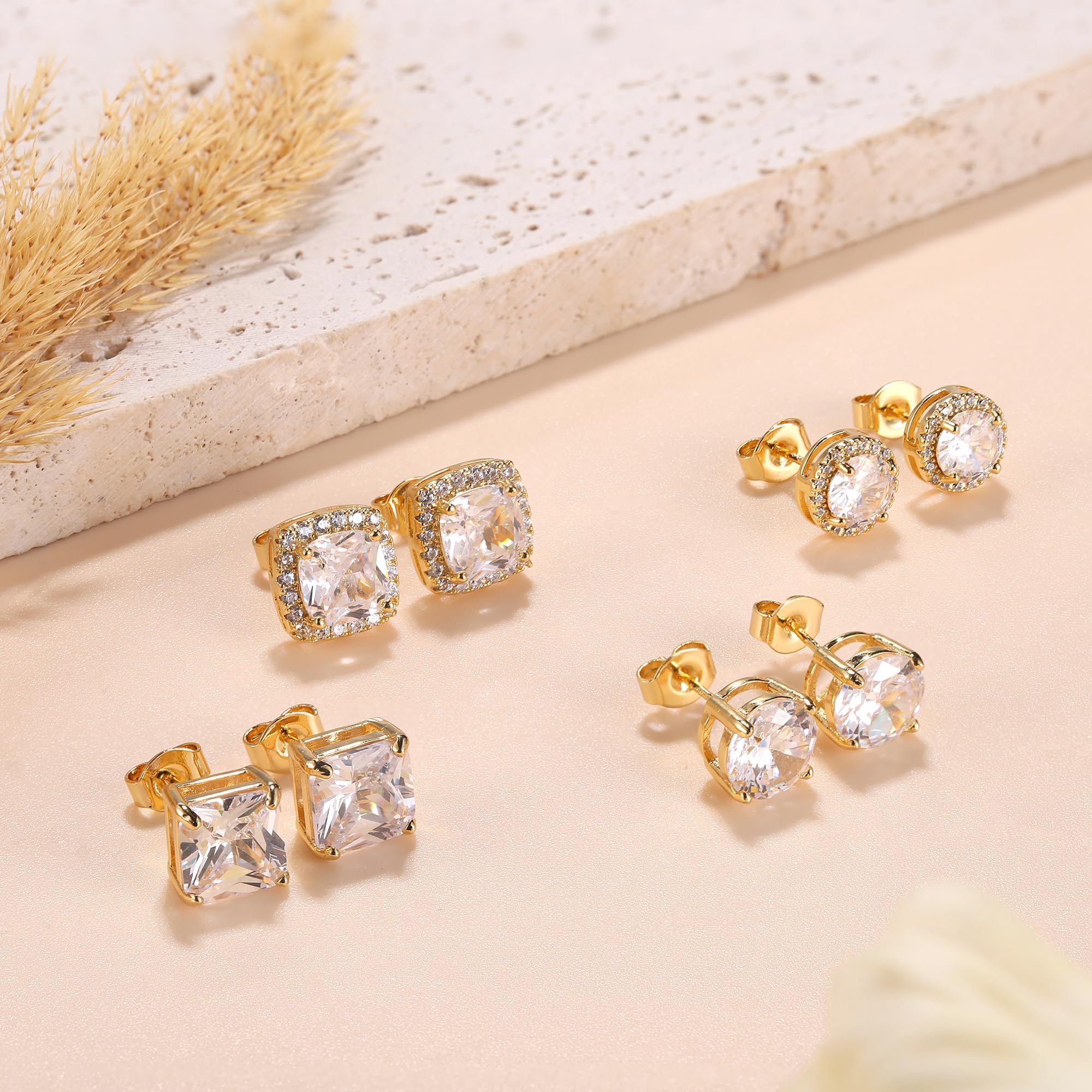 MILACOLATO Cubic Zirconia Stud Earrings Women Men 18K Yellow Gold Plated Hypoallergenic Sterling Silver Post Earrings Brilliant Large Simulated Diamond Halo Stud Earrings for Sensitive Ears