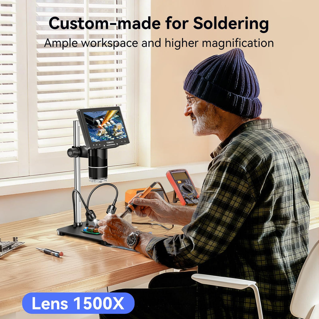 TOMLOV TriL107 3-Lens Digital Microscope: 7" 2500X 2K HDMI Coin Microscope Magnifier for Whole Coin View with IPS Screen, LCD Soldering Microscopes for Adults, 14 LED Lights, PC/TV Compatible, 64GB