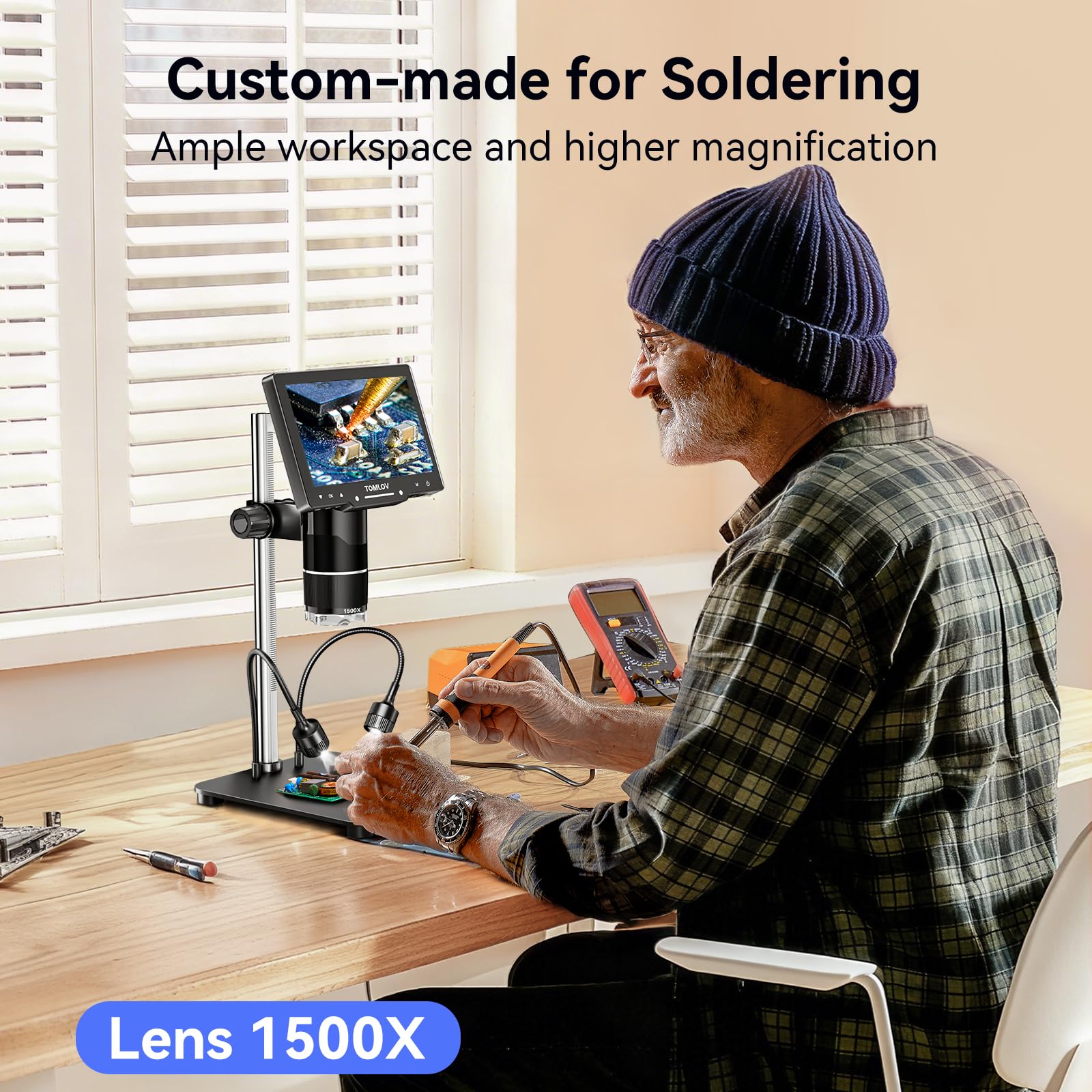 TOMLOV TriL107 3-Lens Digital Microscope: 7" 2500X 2K HDMI Coin Microscope Magnifier for Whole Coin View with IPS Screen, LCD Soldering Microscopes for Adults, 14 LED Lights, PC/TV Compatible, 64GB
