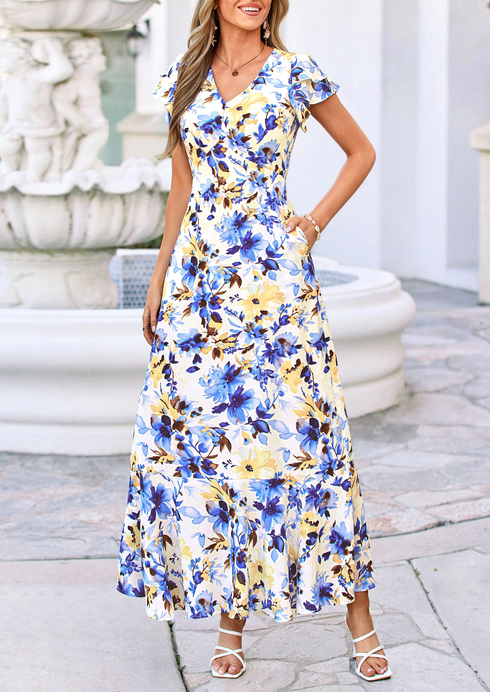 PRETTYGARDEN Floral Dress for Women 2026 Summer Boho Ruffle Flowy Cocktail Beach Spring Wedding Guest Maxi Long Dresses(Floral Beige Blue,Large)