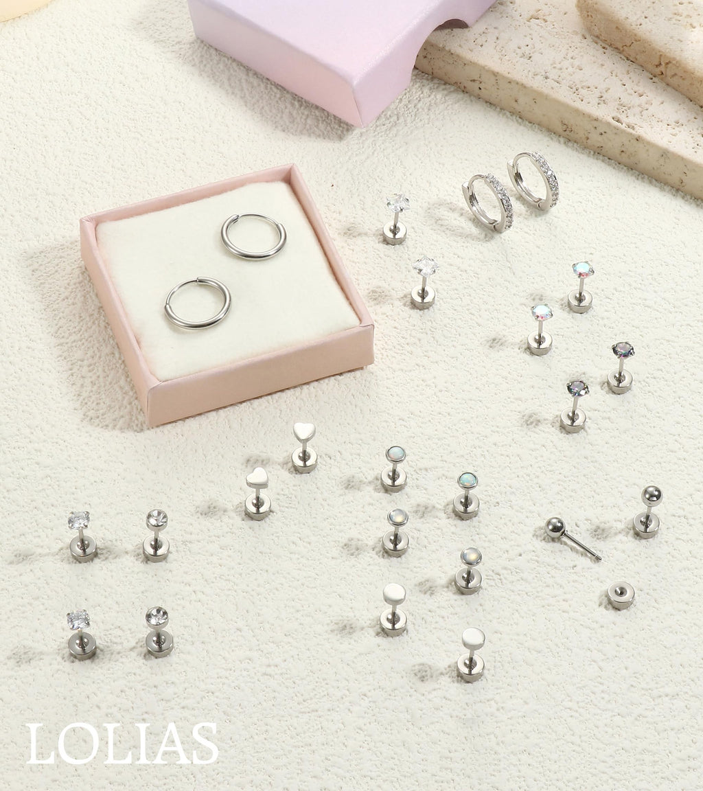 LOLIAS Hypoallergenic Surgical Steel Earrings for Sensitive Ears-Flat Back Earrings for Women Men 20G Small Stainless Steel Flatback Stud Hoop Cartilage Earring Stacks for Multiple Piercing Silver