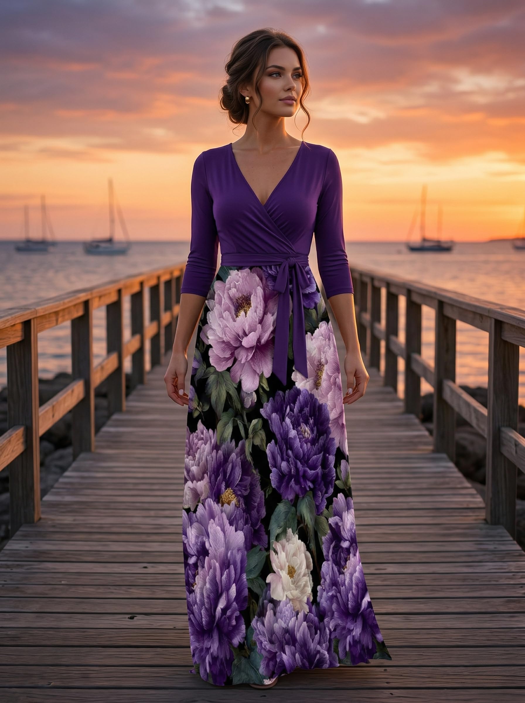 PinkPatty Plus Size Maxi Dress for Women 3/4 Sleeve V Neck Printing Dress Wedding Guest Sundress with Belt (A-Maple Leaf/Azure 2XL)