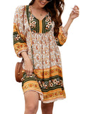 Qearal Casual Beach Dresses for Women 3/4 Sleeve Boho Floral Print Mini Dress Loose Fitting Dress Yellow XL