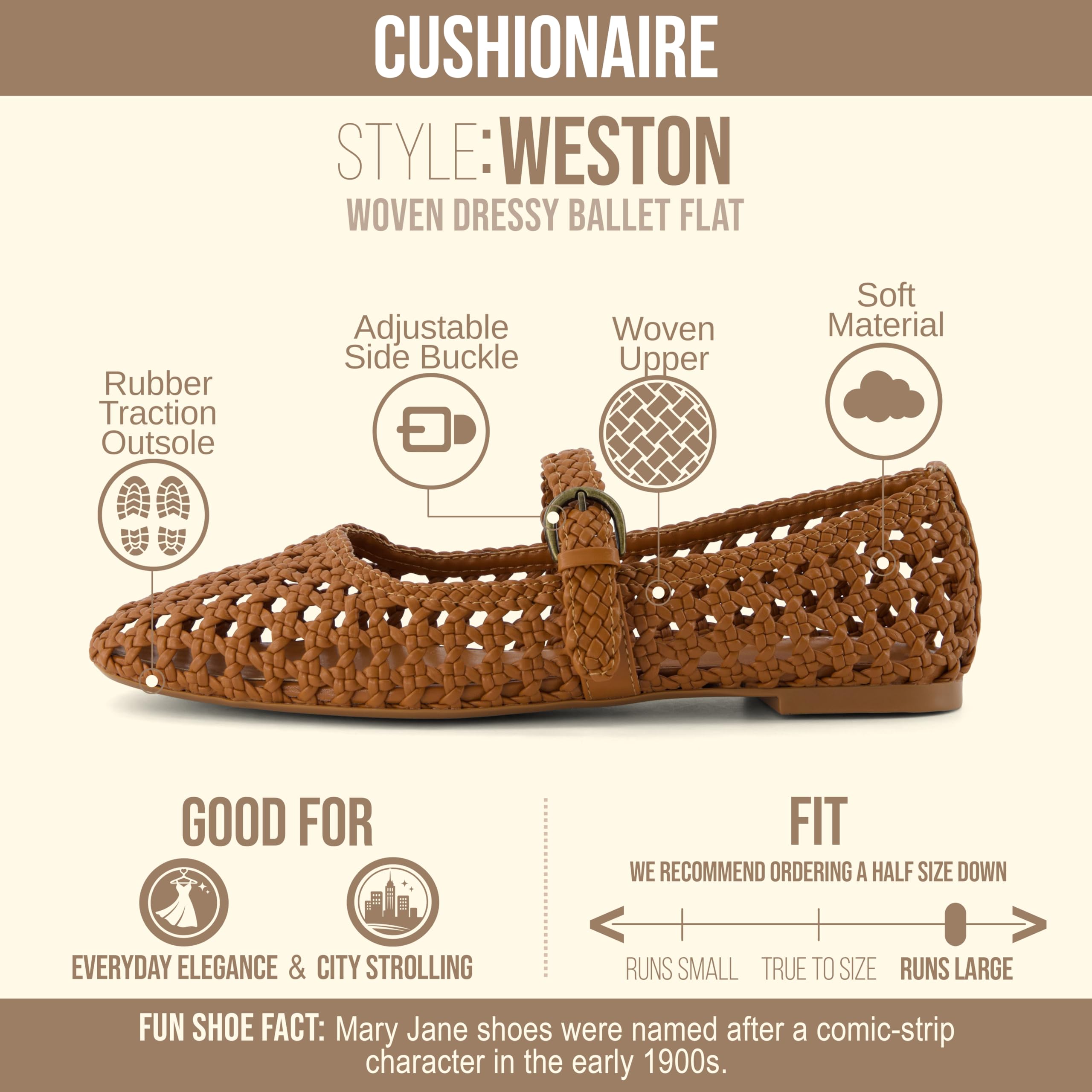 CUSHIONAIRE Weston Hand Woven Mary Jane Flats for Women, Comfortable Dressy Ballet Flats with Braided Adjustable Buckle and Memory Foam Cushioning, Cognac 8