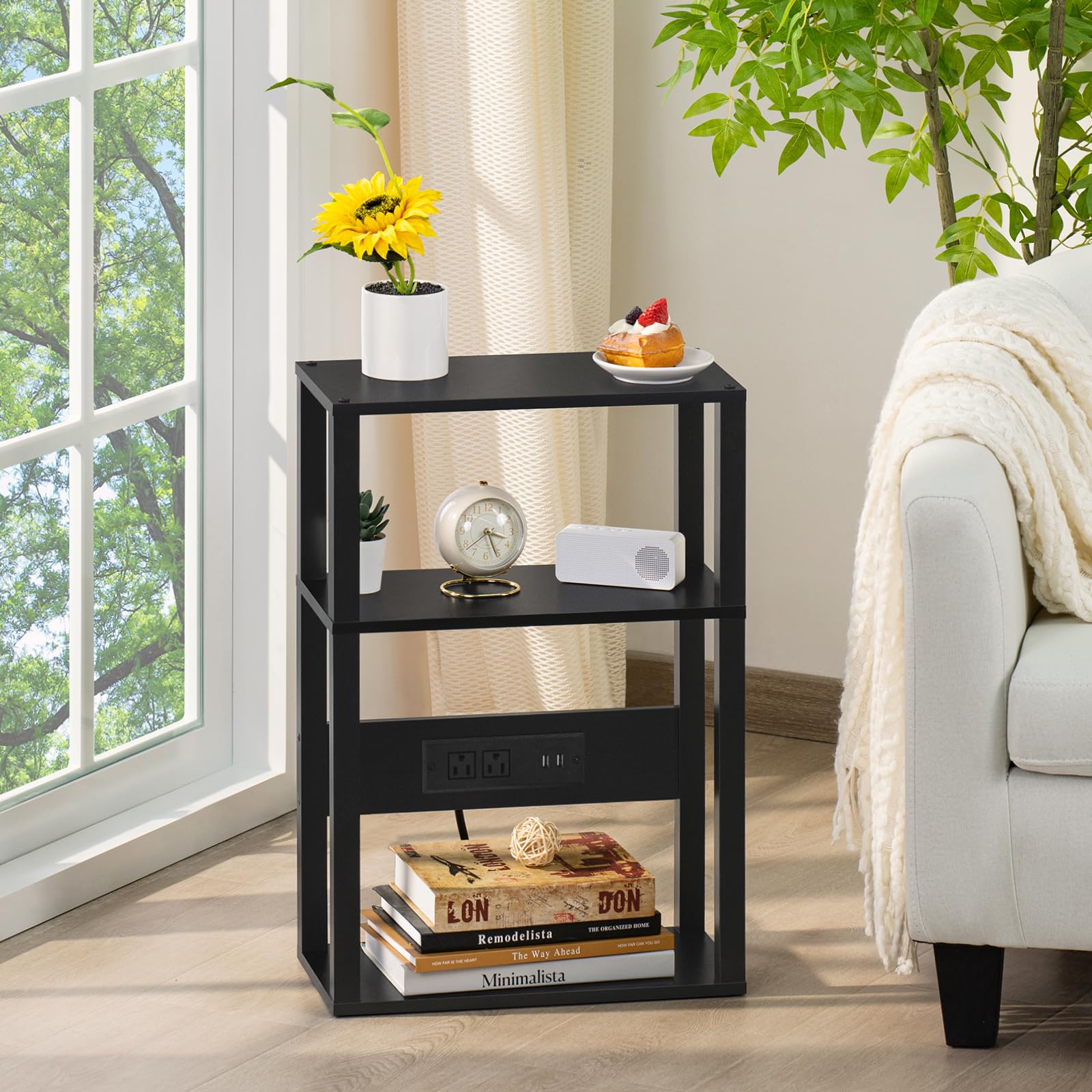 YUFAM 3-Tier Small Narrow Wood Side Table Set of 2 with Charging Station - Skinny Nightstand for Small Spaces, Slim Bedside Table with USB Ports and Outlets - Thin End Table with Storage, Black