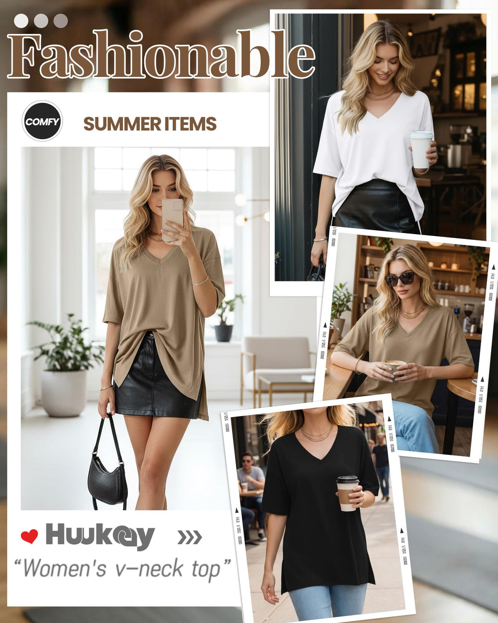 Huukeay 3 Pack Oversized Shirts for Women V Neck Workout T Shirt Casual Side Split Tee Short Sleeve Loose Tops Tunic Tops(Black, White, Khaki,Medium)