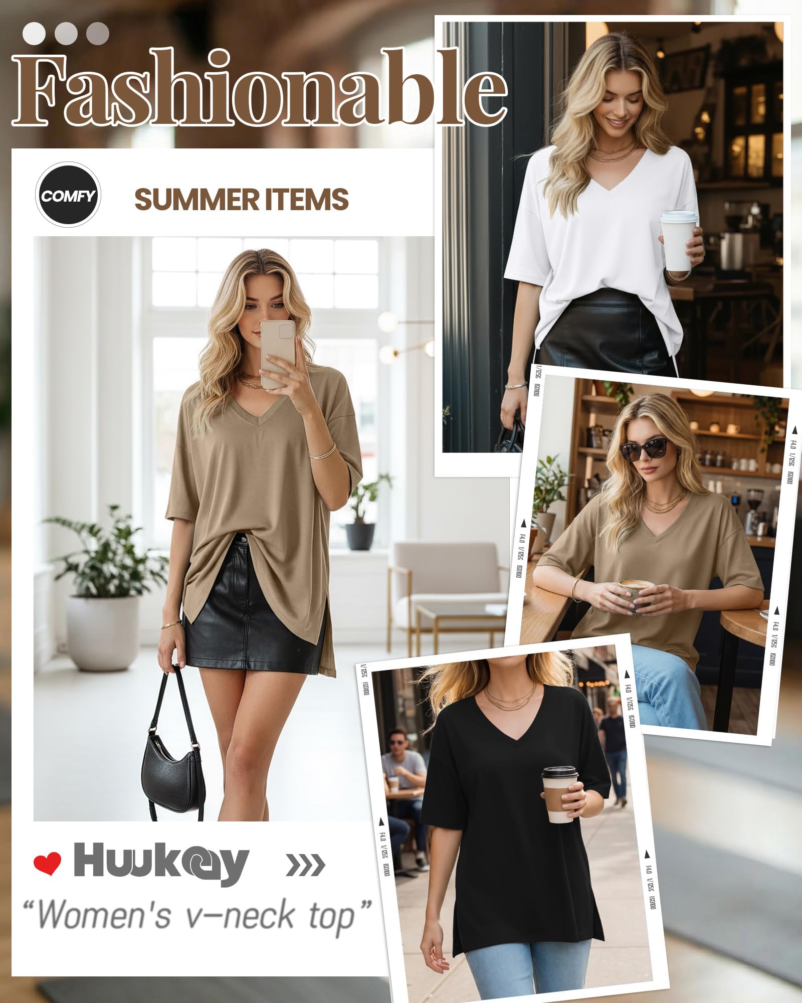 Huukeay 3 Pack Oversized Shirts for Women V Neck Workout T Shirt Casual Side Split Tee Short Sleeve Loose Tops Tunic Tops(Black, White, Khaki,Medium)