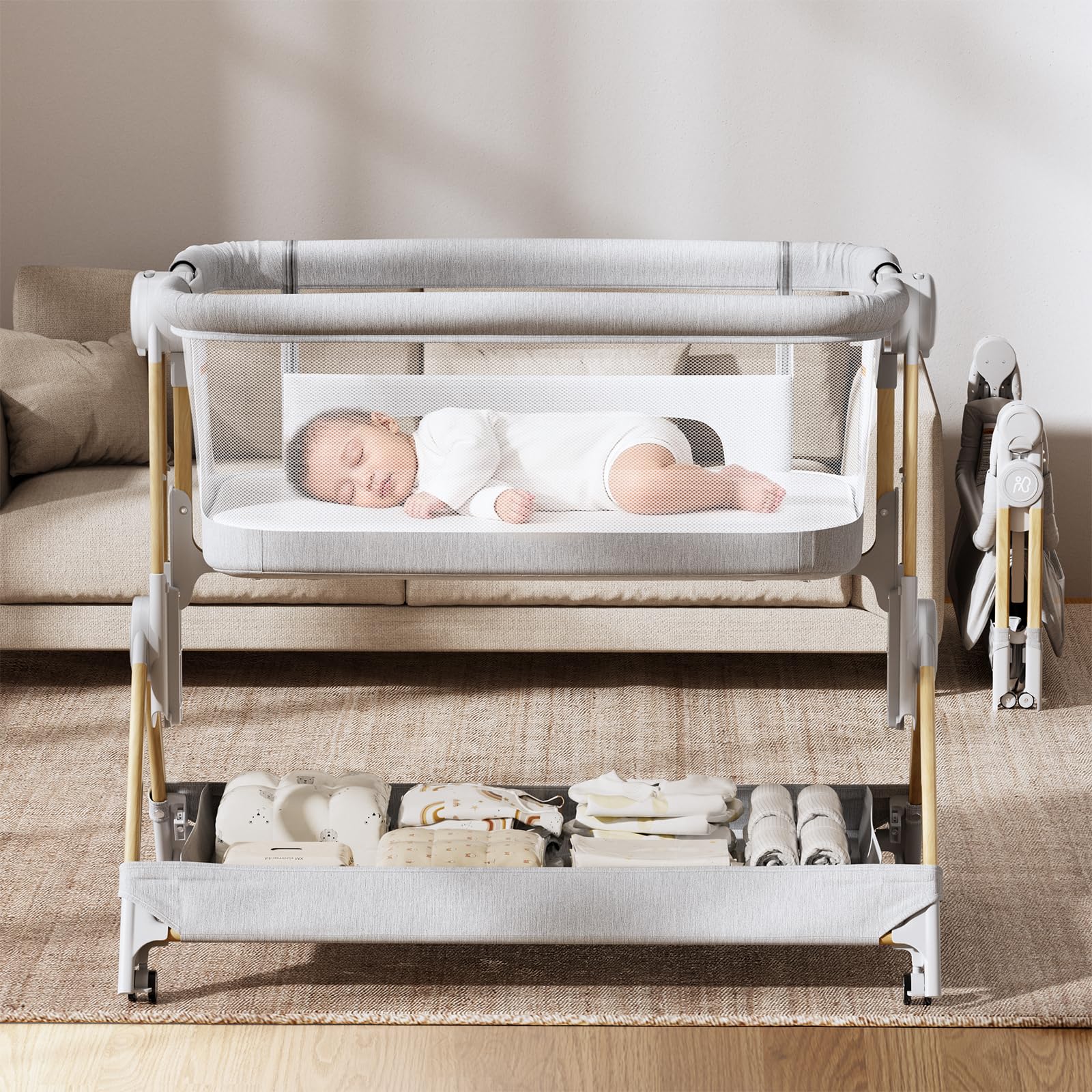 ANGELBLISS Baby Bassinet, 3-in-1 Bedside Bassinet for Baby, One-Touch Foldable Baby Crib for Newborn with Full-Mesh Sides & Adjustable Height, Mattress & Storage Bag