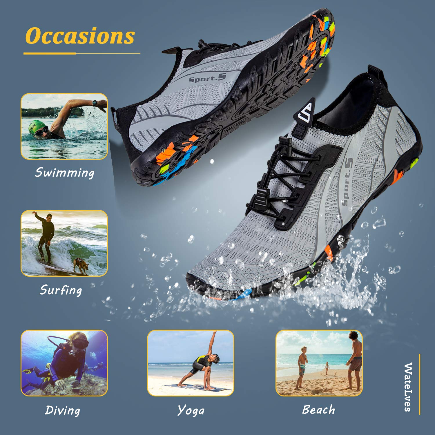 WateLves Water Shoes Mens Womens Beach Swim Shoes Quick-Dry Aqua Socks Pool Shoes for Surf Yoga Water Aerobics (C/Light Gray, 43)