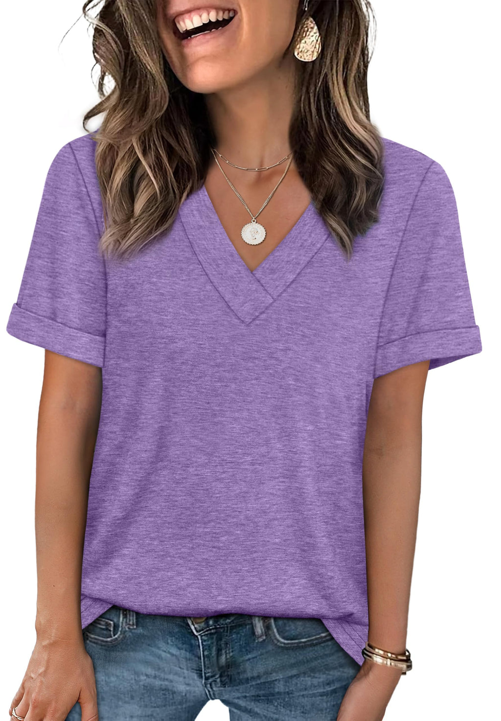 WIHOLL Womens Summer Tops Short Sleeve Casual V Neck T Shirts Loose Fit Trendy Fashion Travel Outfits Solid Color Purple XXL