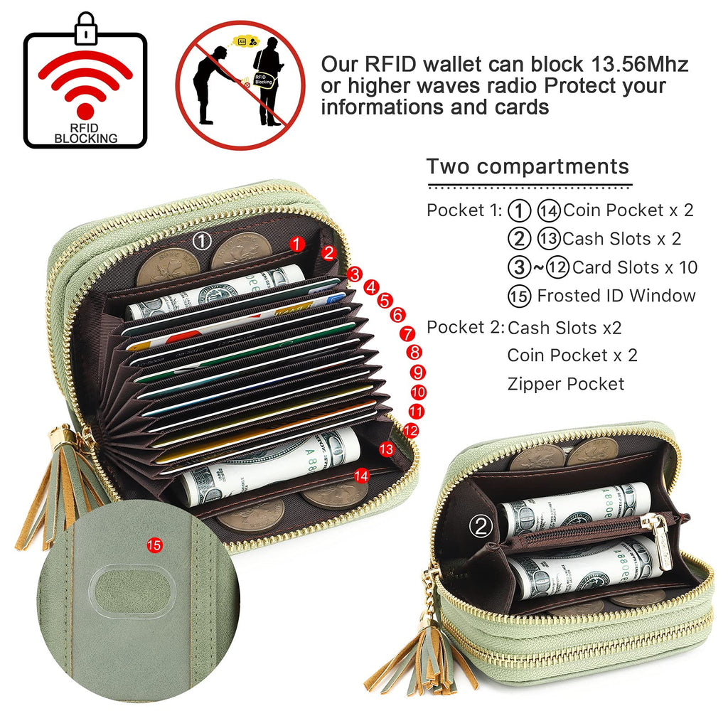 APHISON RFID Credit Card Holder Zipper Card Case Keychain Small Wallet for Women 1942-2 GREEN