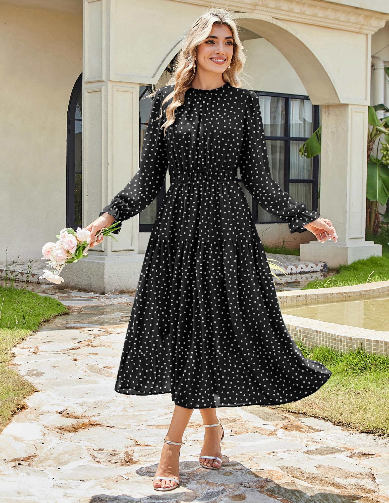 GRACE KARIN Fall Wedding Guest Dresses for Women Round Neck Long Sleeve Dress Floral Tiered Maxi Dress with Pockets Black XL