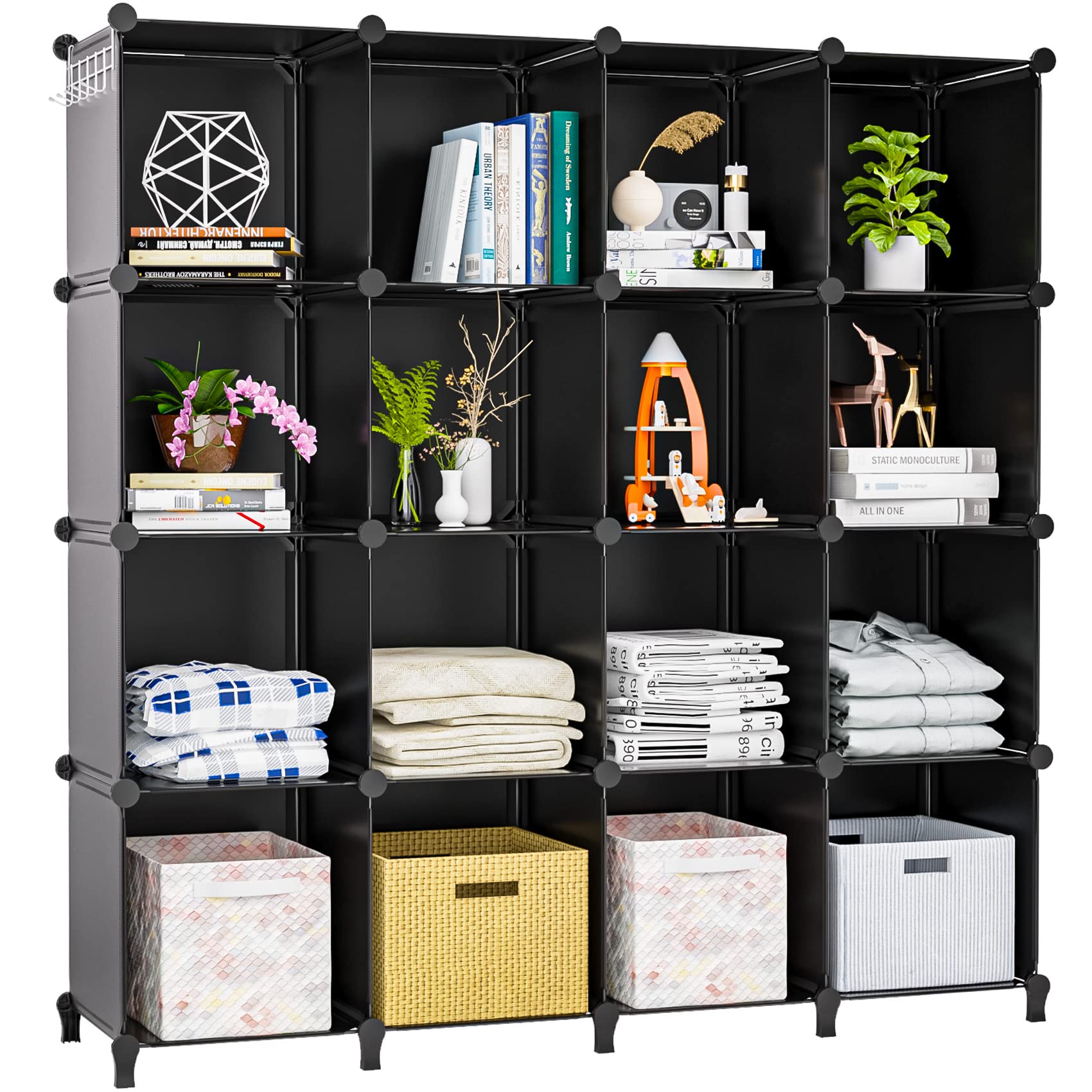 Neprock 16 Cubby Storage Organizer, Closet Clothes Storage Organizer, Cube Shelves Closet Organizers and Storage Shelves for Clothing Storage with Hammer, Bookshelf for Kids（Black）