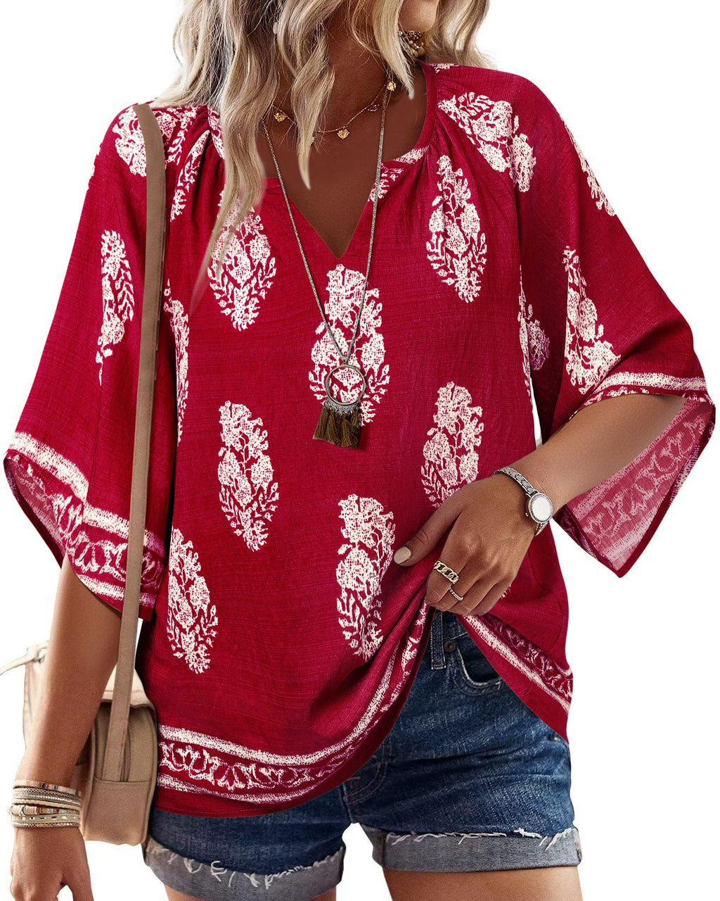 Bebonnie Summer Blouses for Women 2025: 3/4 Sleeve Dressy Casual V Neck Boho Tops - Professional Blouses for Women Office Wear - Work Dress Shirts Teacher Clothes Multi Wine XXL
