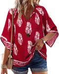Bebonnie Summer Blouses for Women 2025: 3/4 Sleeve Dressy Casual V Neck Boho Tops - Professional Blouses for Women Office Wear - Work Dress Shirts Teacher Clothes Multi Wine XXL
