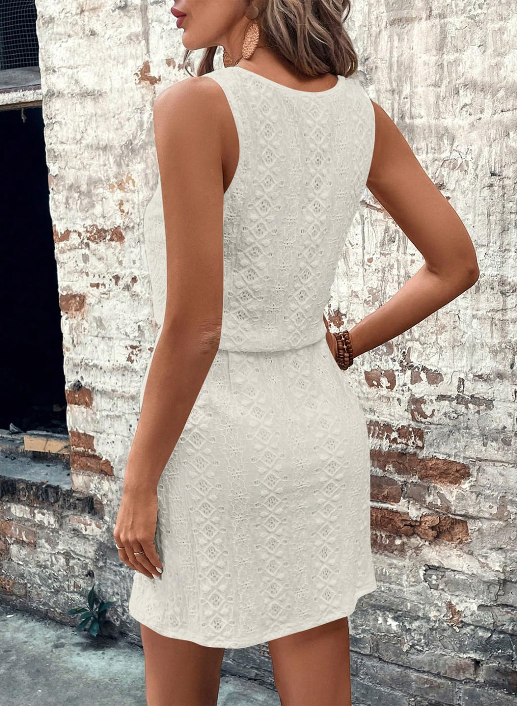 Acelitt Spring Summer Tank Dresses for Women 2026 Hollow Out Textured Drawstring Mini Dress Beach Vacation Outfits White Medium