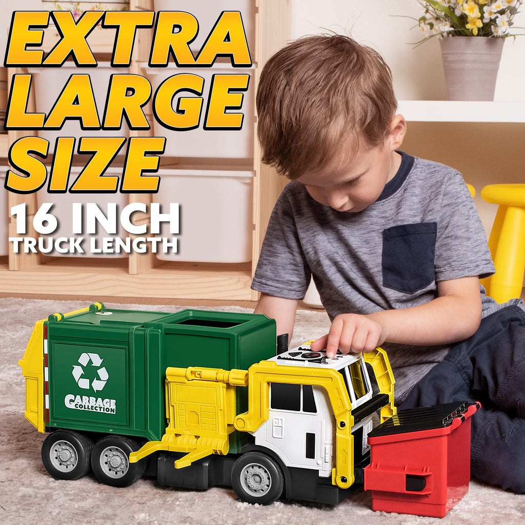 JOYIN Large Friction Powered Garbage Truck Toy Set, Includes Dumpster, Trash Bins, and Learning Cards for Kids, Boy Toys Birthday Gift for Boys Girls Kids Toddler Gift of Easter Basket Stuffers
