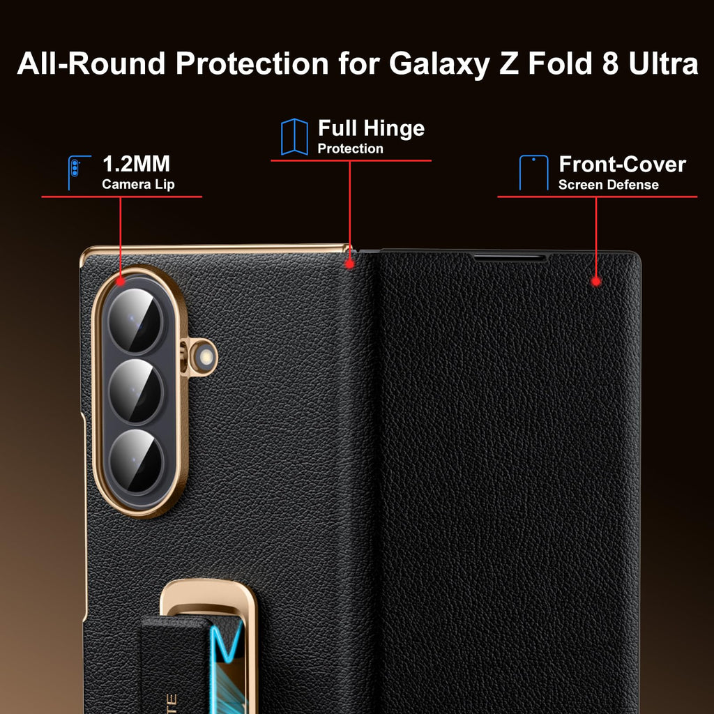 zifiuzem Magnetic Leather Flip Case for Samsung Galaxy Z Fold 8 Ultra with Rotating Stand & Wrist Strap - Full Coverage Shockproof Phone Cover 5G, Black