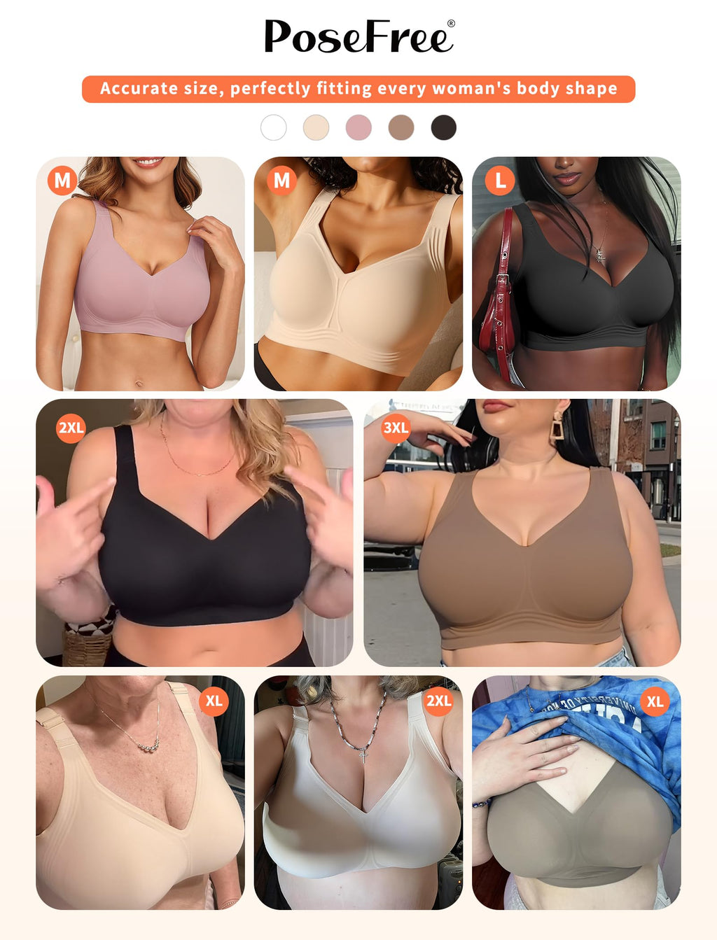 PoseFree Womens Bras No Underwire Full Support Back Fat Smoothing Bralette Wireless Push Up Plus Size Sports Bra (Nude,L)