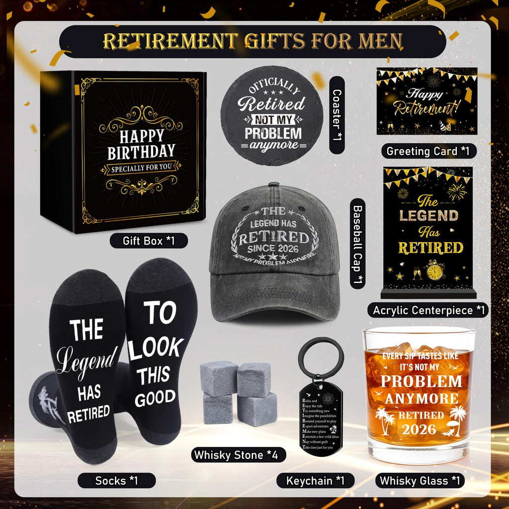 Keluna Retirement Gifts for Men - Retired Gifts for Him 2026 Retirement Cap Glass Decorations for Father Grandfather Husband Coworker Father's Day