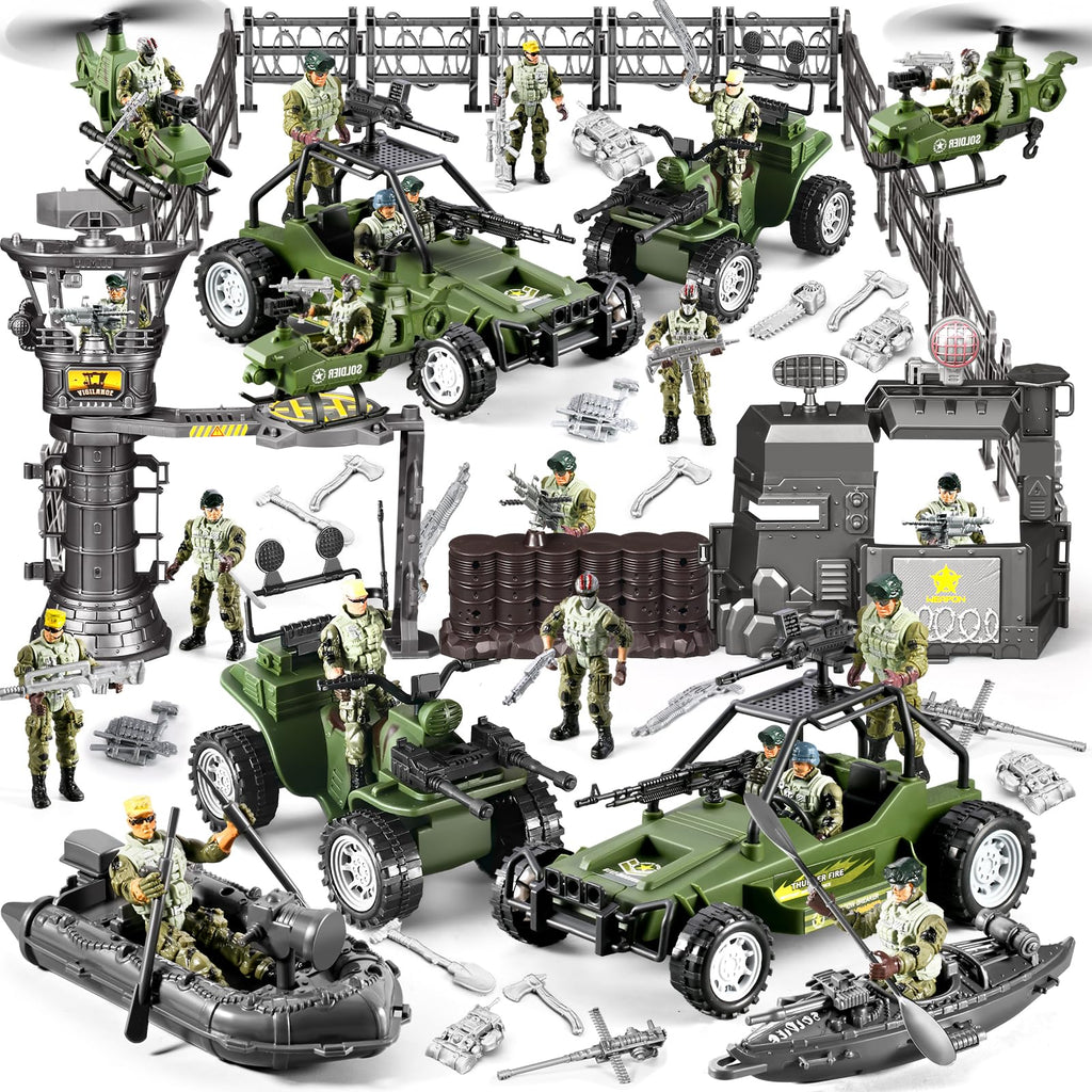 JASSKKBO 87-in-1 Army Men Toys Sets for Boys 4-7 8-12 , Military Base/Truck/Helicopter/Kayak Boat/Motorcycle/Army Men Action Figures/Weapon Gears, Army Toys for Boys Kids Birthday Gifts Party Favors