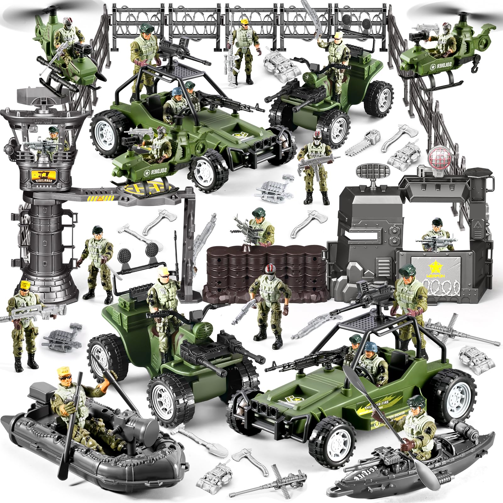 JASSKKBO 87-in-1 Army Men Toys Sets for Boys 4-7 8-12 , Military Base/Truck/Helicopter/Kayak Boat/Motorcycle/Army Men Action Figures/Weapon Gears, Army Toys for Boys Kids Birthday Gifts Party Favors