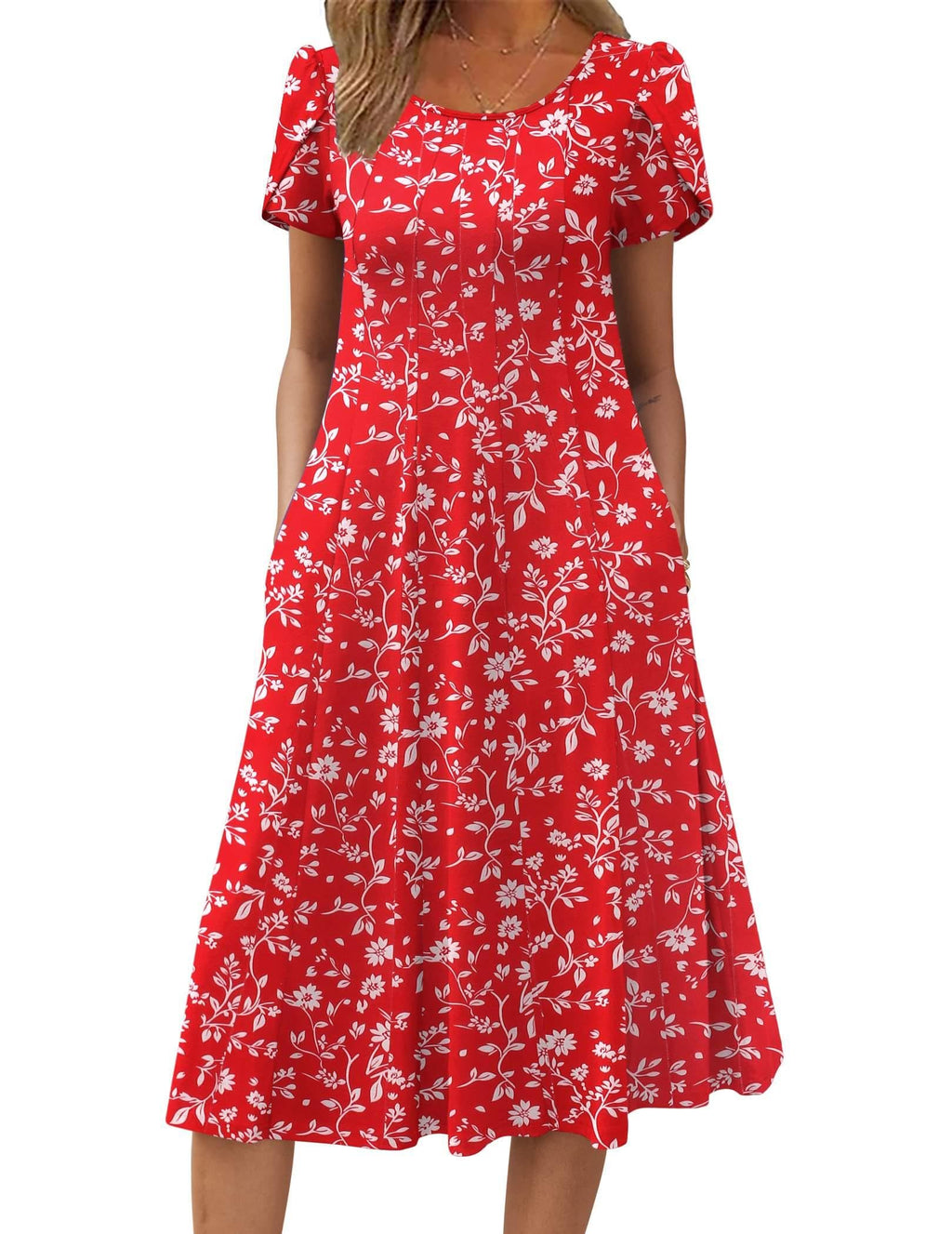 Zeagoo Floral Summer Dress for Women Cotton Shirt Dresses Midi Length Flowy Boho Beach Sundress Vocation Sun Dress, Red Floral,XXL