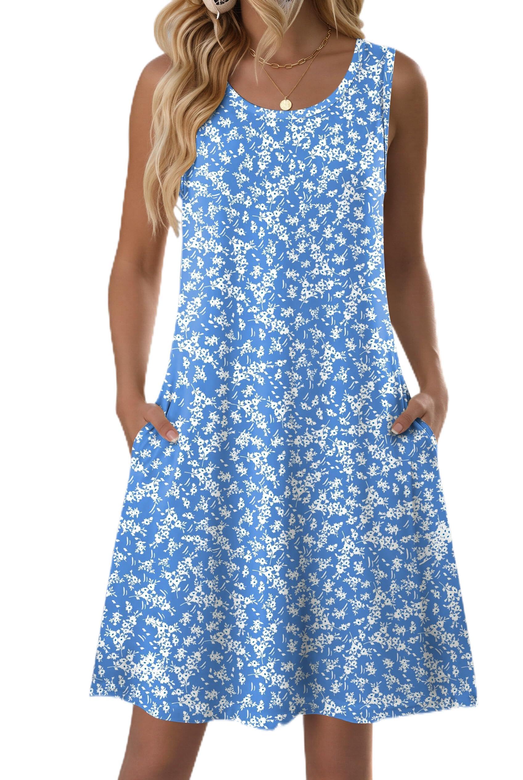 Zeagoo Shirt Dress for Women 2026 Sleeveless Shift Dress Cotton A-Line Flowy Summer Floral Mini Short Dresses with Pockets Casual Trendy Loose Fit Vocation Cruise Clothes