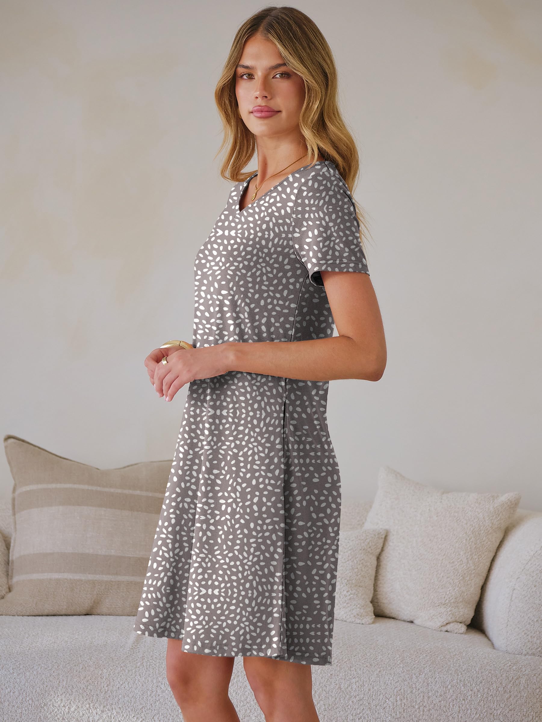 ANRABESS Women's Summer T Shirt Dress Casual V Neck Short Sleeve Floral Boho Flowy Mini Dresses 2026 Beach Vacation Clothes Light Brown White Spots Large