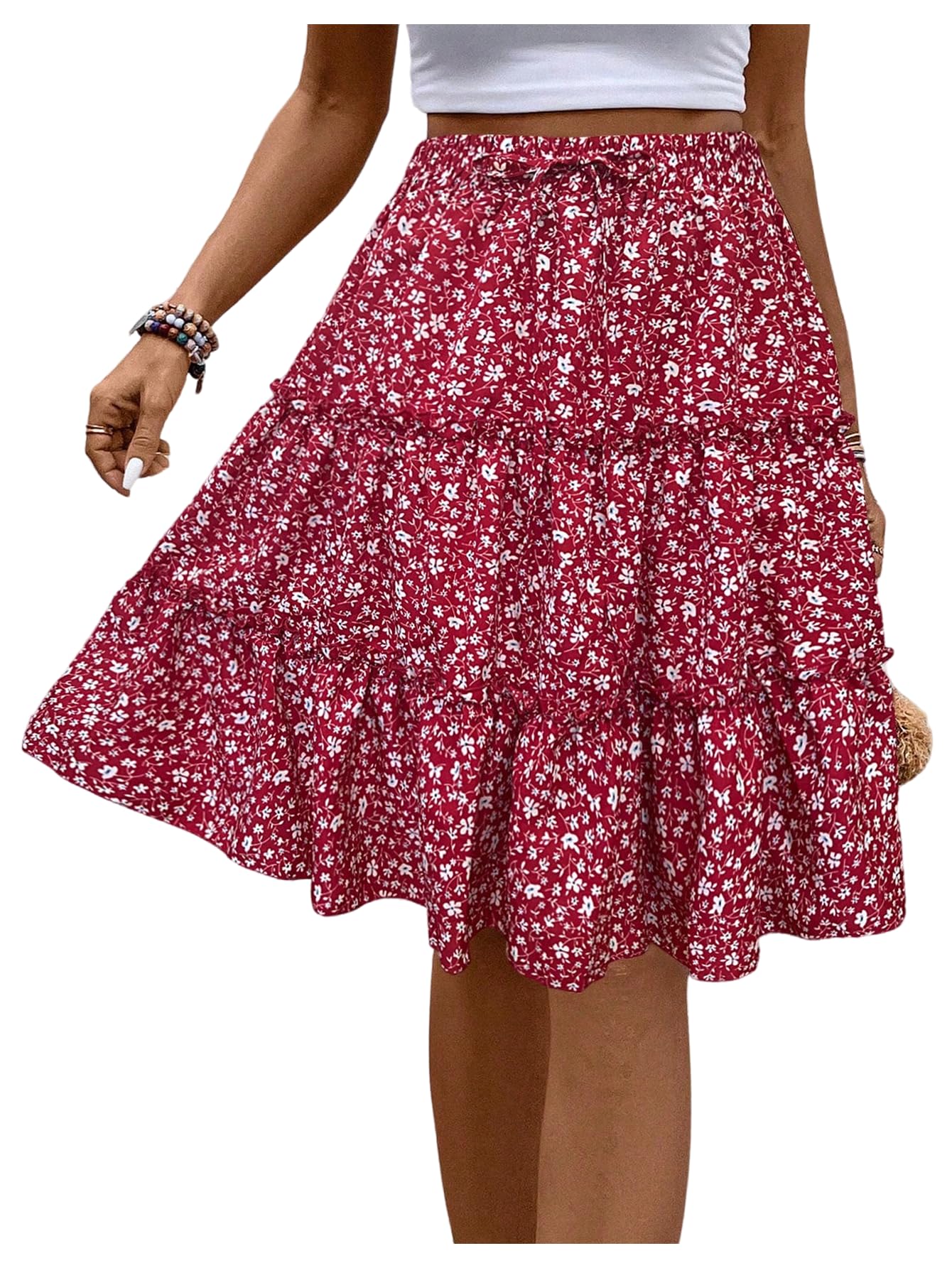 WDIRARA Women's Floral Print Ruffle Hem Elastic High Waist Tie Front Skirt Boho Red Large