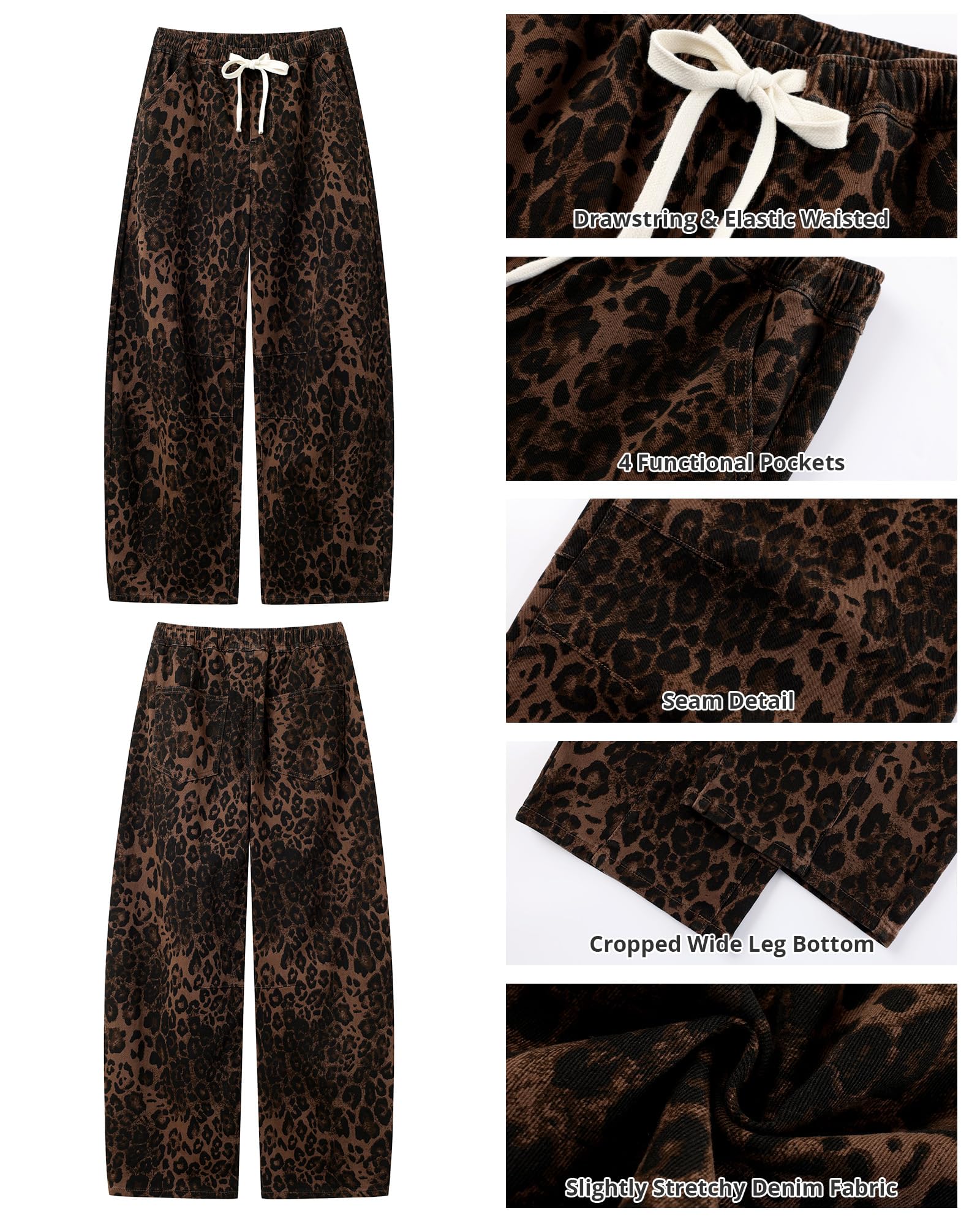 GRAPENT Elastic Waist Barrel Jeans for Women Wide Leg Jeans Women Leopard Print Barrel for Comfy Pants Crop Pants Womens Loose Womans Brown Leopard Size Large US 12 to 14