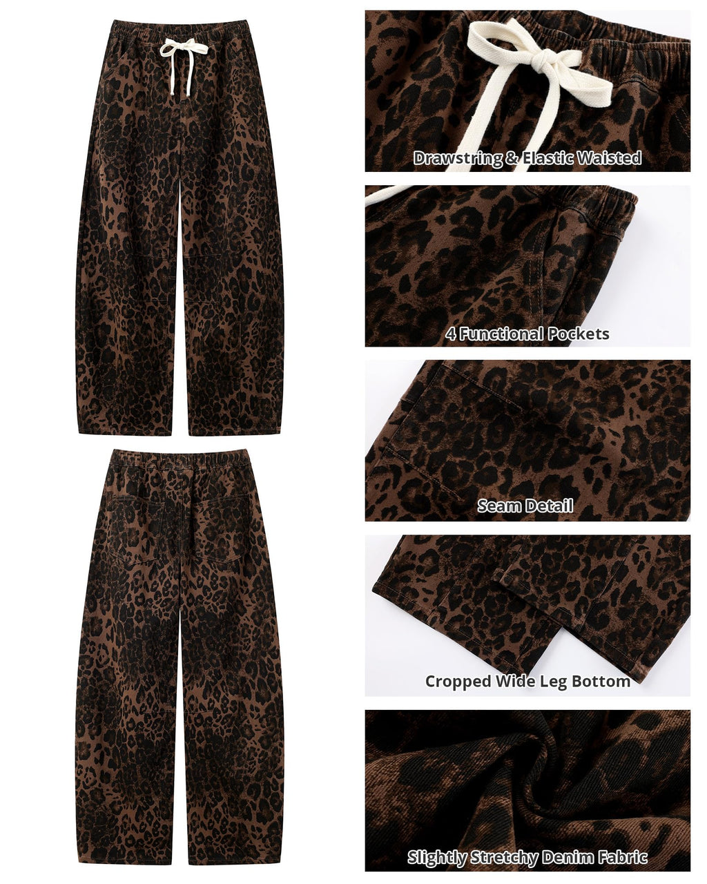 GRAPENT Baggy Jeans for Woman Womens Elastic Waist Jeans Leopard Barrel Womens Cropped Pants Pull on Pants Barrel Ladies Brown Leopard Size X-Large US 16 to 18