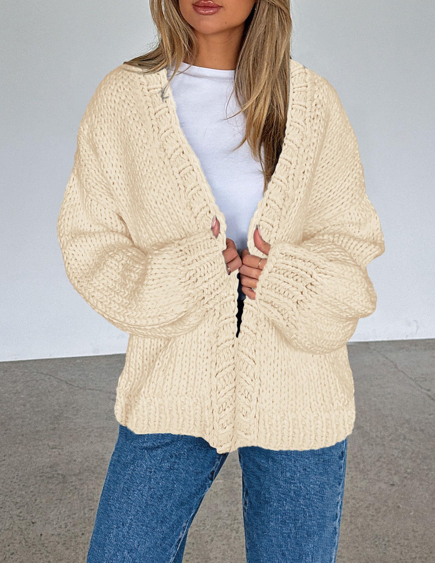 PRETTYGARDEN Cardigan Sweaters for Women Trendy Fall Fashion 2025 Long Sleeve Chunky Knit Cardigans Winter Clothing Outfits (Beige,Small)