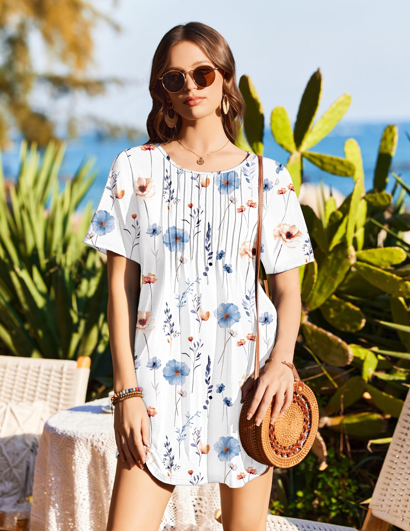 Ekouaer Swimsuit Coverup for Women 2026 Short Sleeve Bathing Suit Cover Ups Beach Summer T-Shirt Dresses with Pockets White Floral
