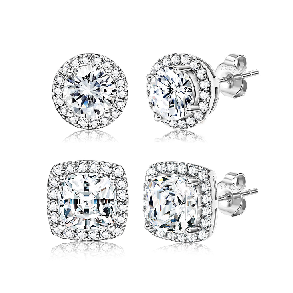 Hayoso 18K Gold Plated Halo Stud Earrings 925 Sterling Silver Cubic Zirconia Stud Earrings Round Square Diamonique Stud Earrings Set for Women Men - Silver