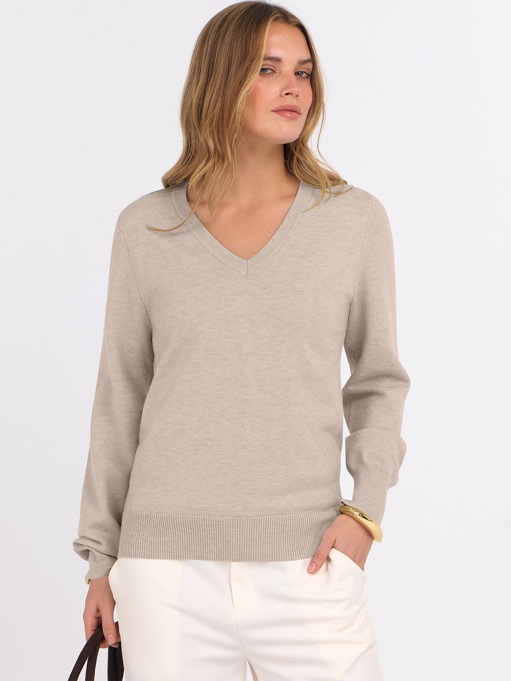 ANRABESS Womens Long Sleeve V Neck Sweaters 2025 Fall Casual Classic Soft Loose Fit Basic Pullover Jumper Top Almond X-Large