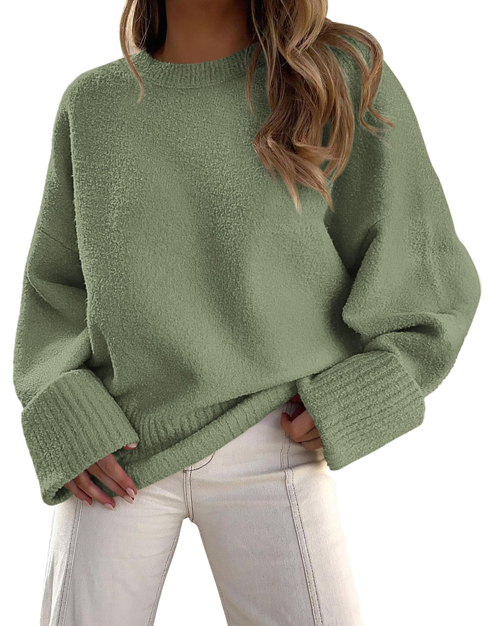 PRETTYGARDEN Women's Fall Oversized Sweaters Casual Crewneck Pullover Long Sleeve Fuzzy Chunky Knit Tops Blouse (Army Green,Large)