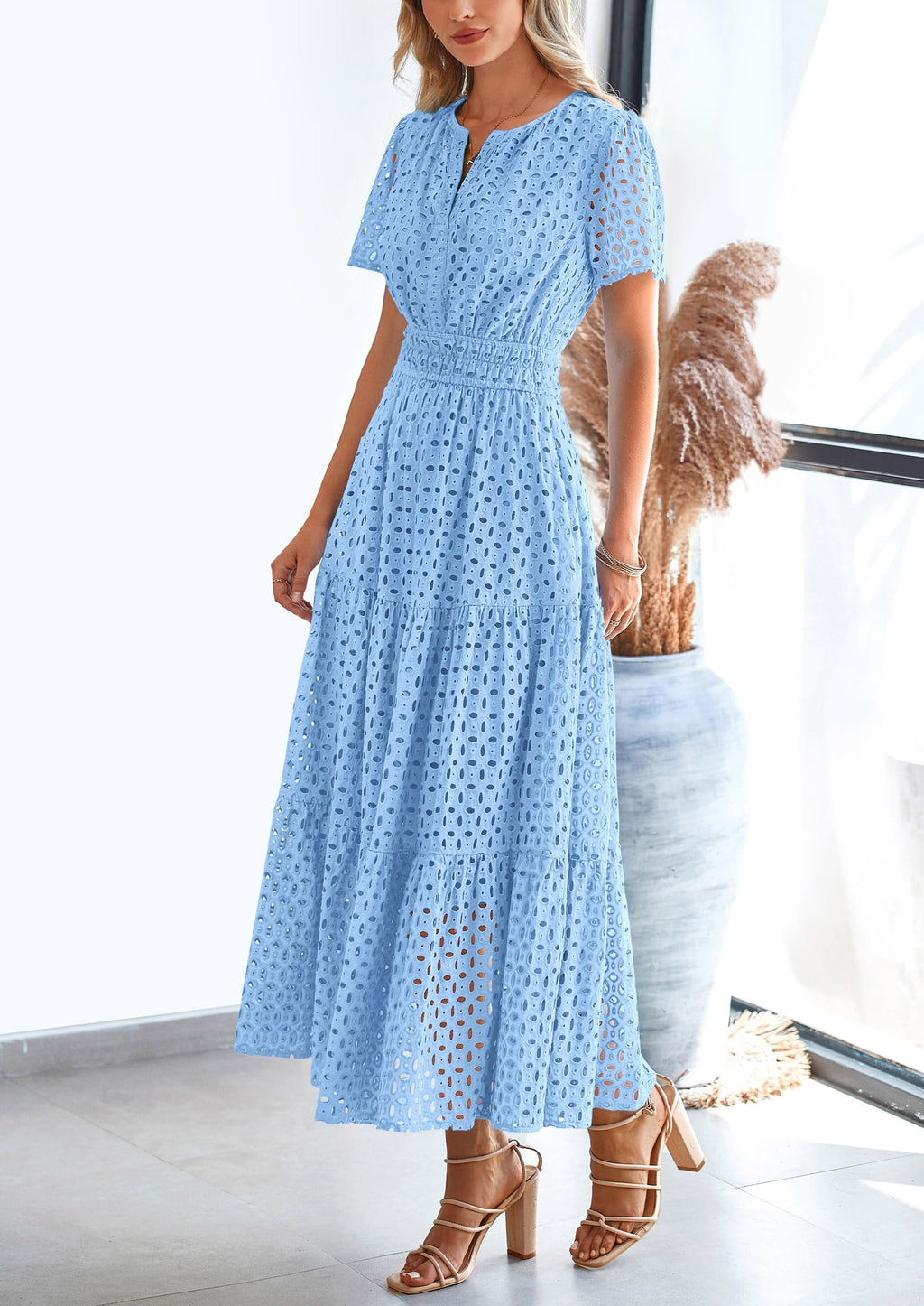PRETTYGARDEN Womens 2025 Summer Maxi Dress Short Sleeve V Neck Hollow Out Eyelet A Line Long Flowy Beach Vacation Dresses (Light Blue,Medium)