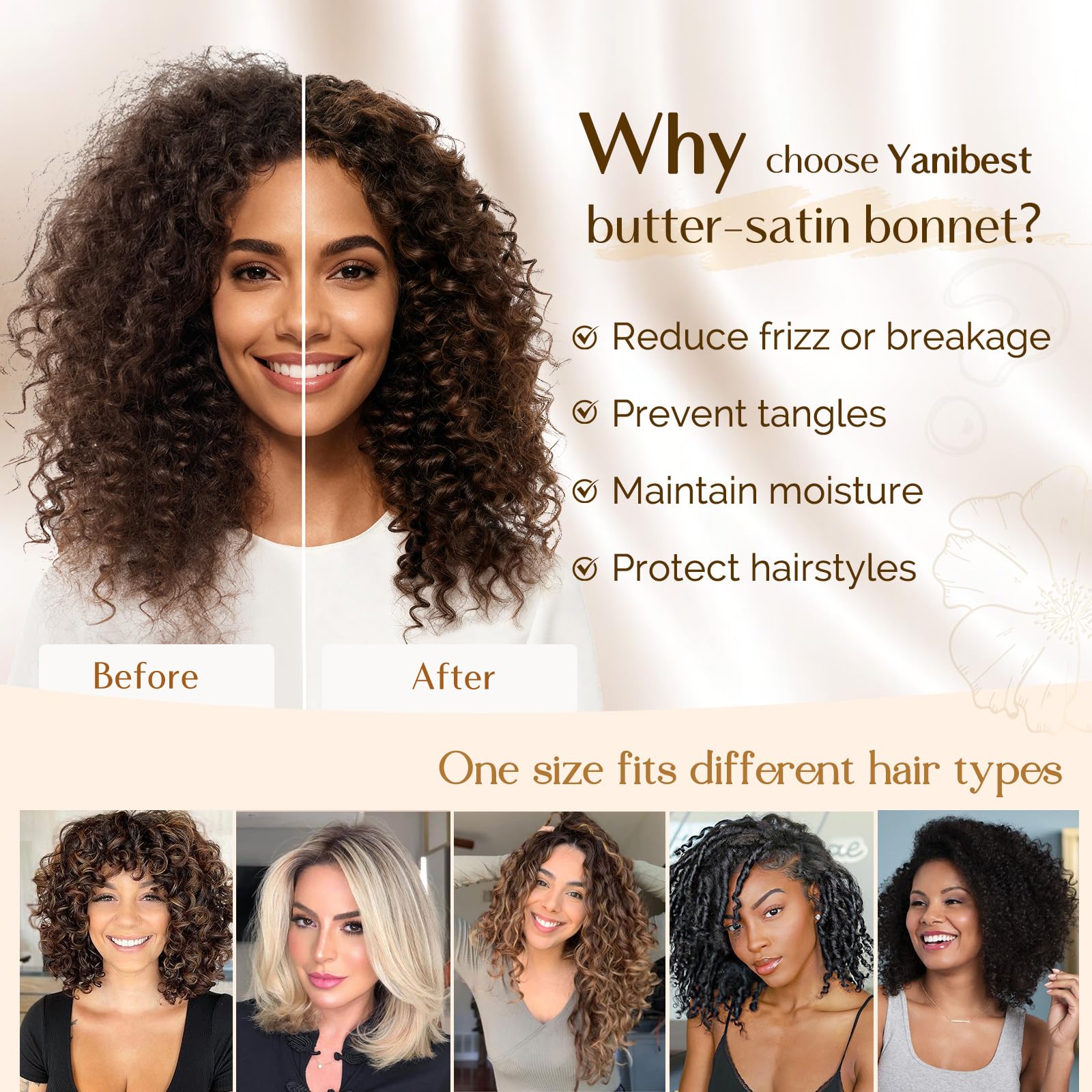 YANIBEST Adjustable Satin Bonnet for Sleeping Women Double Layer Hair Bonnet Reduce Friction Prevent Frizz Natural Curly Hair