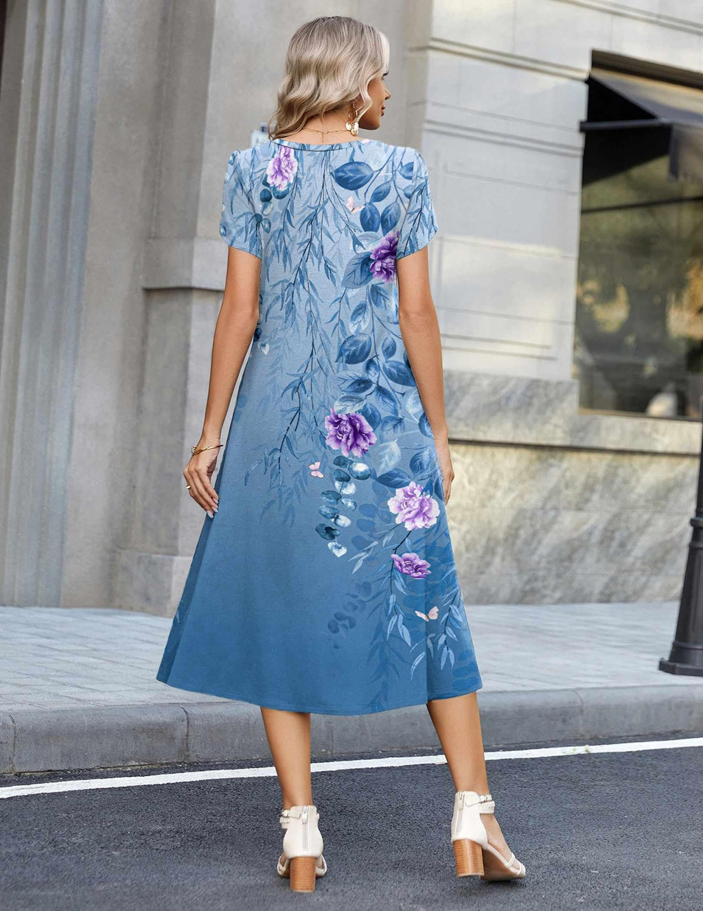 Zeagoo Summer Dresses for Women 2026 Casual Pleated Dresses Floral Midi Dress Womens Empire Waist Dress Floral Sundress, Blue Printed 01 XL