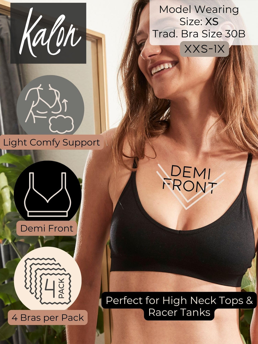 Kalon Women’s 4 Pack Racerback Sports Bralette Seamless Wireless Comfort Bra (Large, Basics)