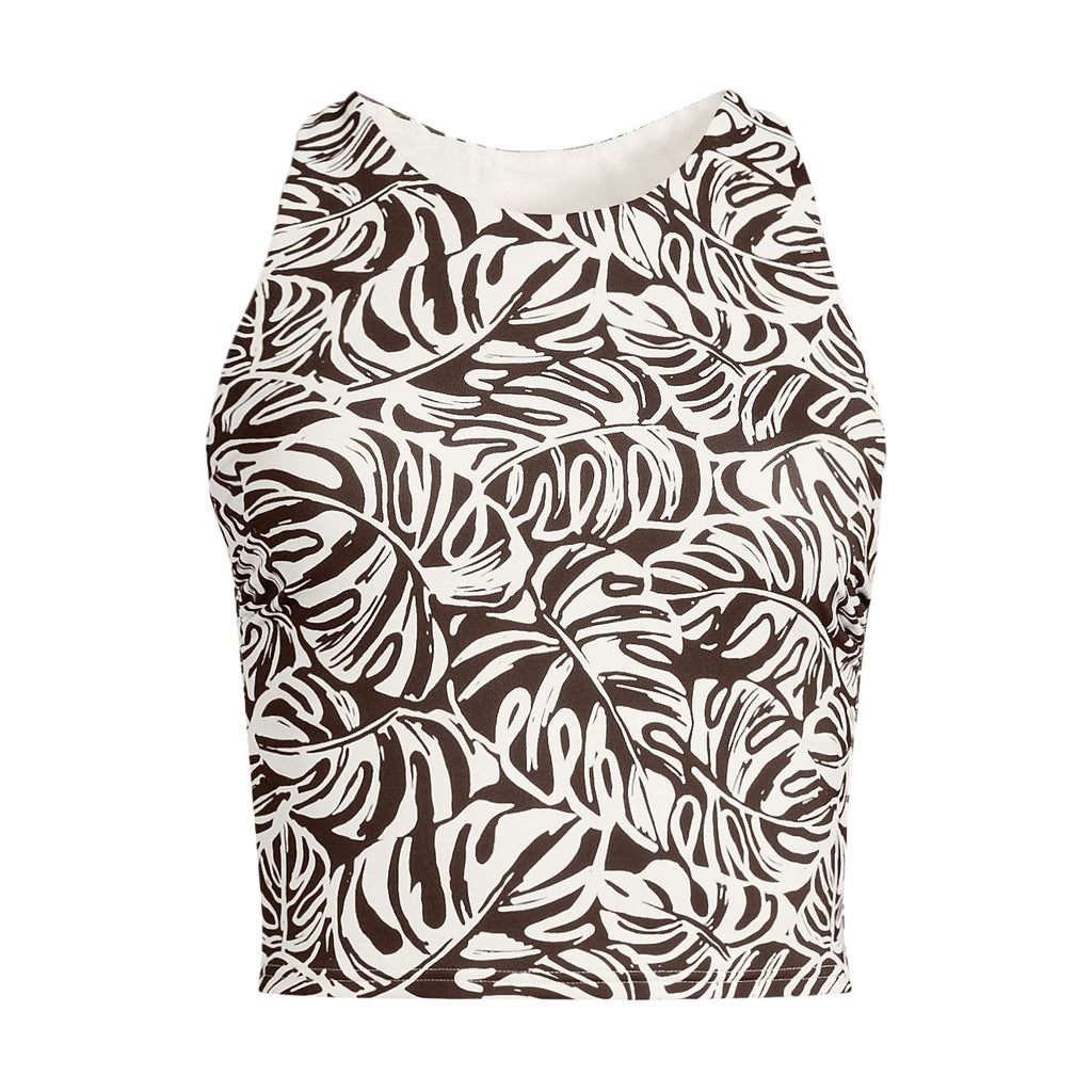 Lands' End Women's High Neck Racerback Midkini Top 2 Brown Mini Tropic Leaves