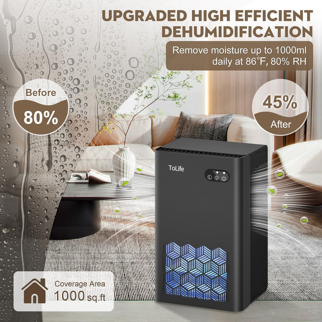 ToLife Dehumidifier for Home, 1000 sq.ft Dehumidifiers for Basement Bedroom Bathroom with 95 OZ Water Tank, Auto Shut Off 7 Colors LED Light, Black