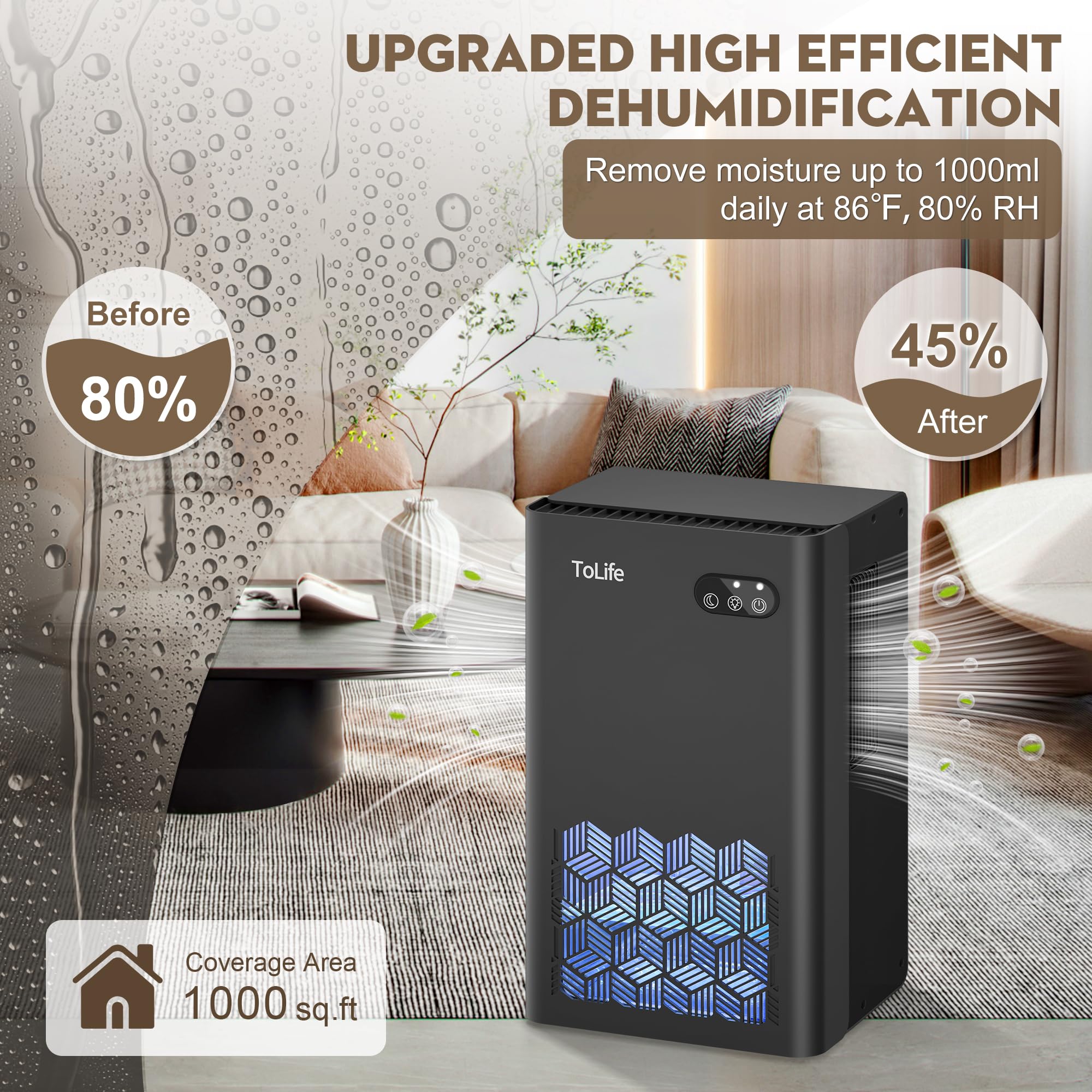 ToLife Dehumidifier for Home, 1000 sq.ft Dehumidifiers for Basement Bedroom Bathroom with 95 OZ Water Tank, Auto Shut Off 7 Colors LED Light, Black