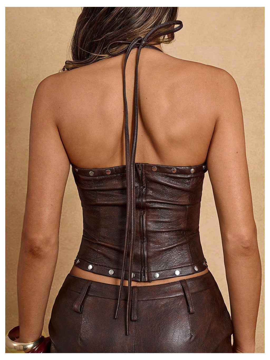 WDIRARA Women's PU Leather Lace Up Halter Top Vintage Western Sleeveless Backless Camisole Tops Coffee Brown Medium