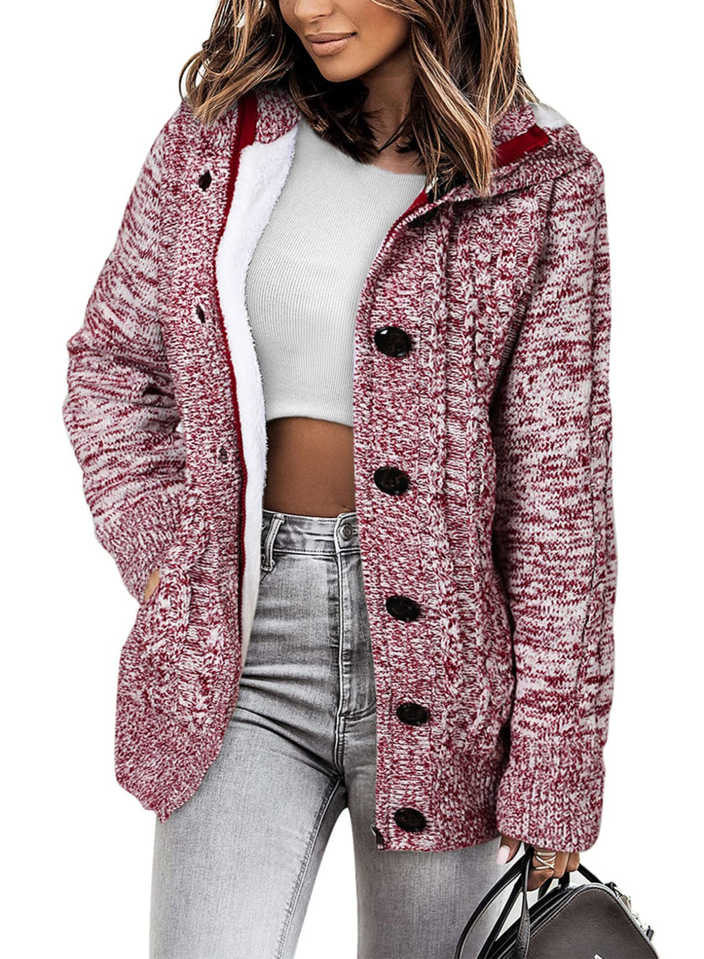 Sidefeel Women's Cardigan Hooded Fleece Lined Jackets Winter Cable Knit Sweater Coat Medium Red